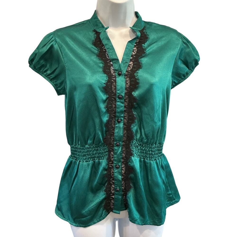 Vintage Womens Satin Y2K Peplum Top Size S Emerald Green Black Lace Whimsy Witch
